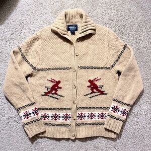 Eddie Bauer Wool Sweater Tall Large Skiers Snowflake Shawl Collar Button Front